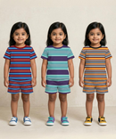 Girls Cotton Stripes Kids Co-ord Set Combo / Age 1-4 Years | T-shirt & Shorts (Combo Set Pack of 3)