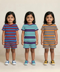 Girls Cotton Stripes Kids Co-ord Set Combo / Age 1-4 Years | T-shirt & Shorts (Combo Set Pack of 3)