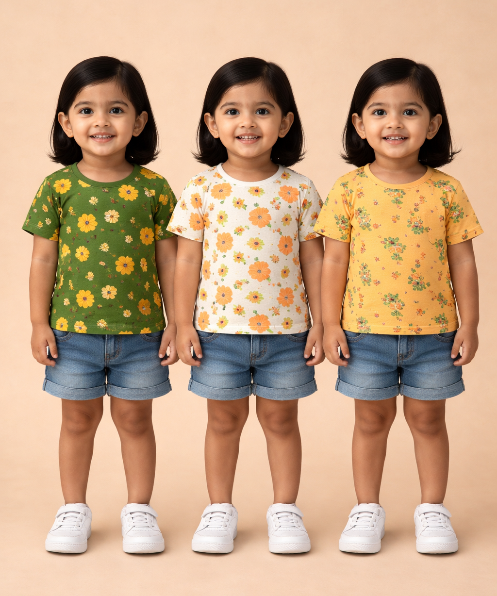 Kids Girls Cotton Printed T-shirt | 0 to 3 Years (Pack Of 3 Pieces)