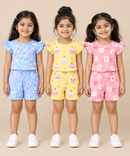 Girls All Over Printed | Flutter Sleeve Tshirt and Shorts Co-ord Set | Age 0 to 3 Years (Pack of 3 Sets)