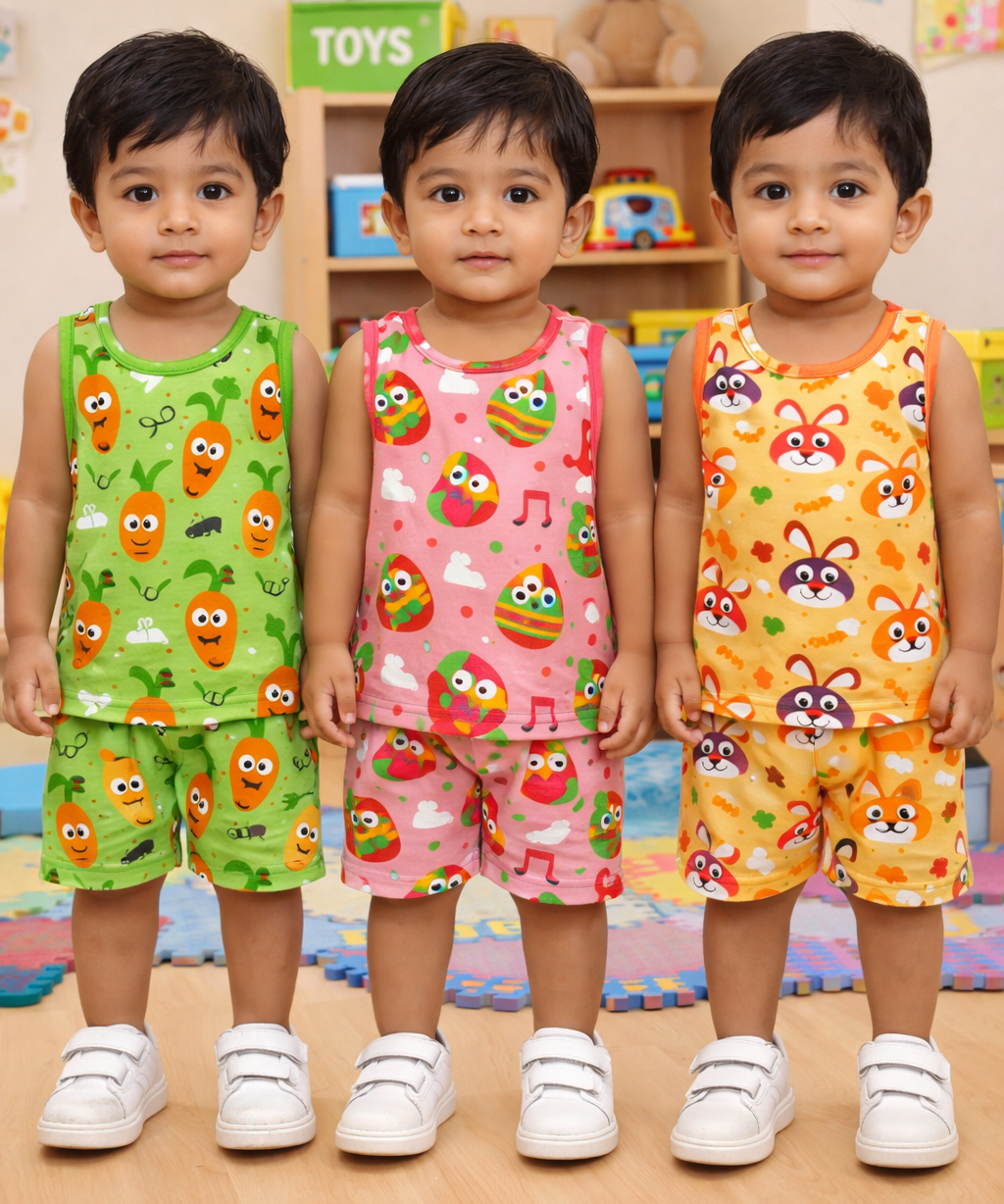 Boys Cotton Cartoon Printed Kids Sleeveless Set Combo | Age 0 to 3 Years | T-shirt & Shorts (Combo Set Pack of 3)