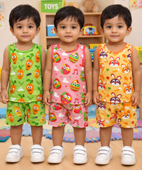 Boys Cotton Cartoon Printed Kids Sleeveless Set Combo | Age 0 to 3 Years | T-shirt & Shorts (Combo Set Pack of 3)