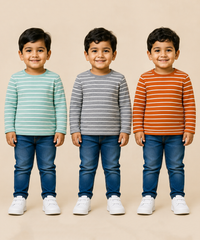 Kids Boys Cotton Stripes Full Sleeve T-shirt | Age 0-3 Years (Pack of 3)