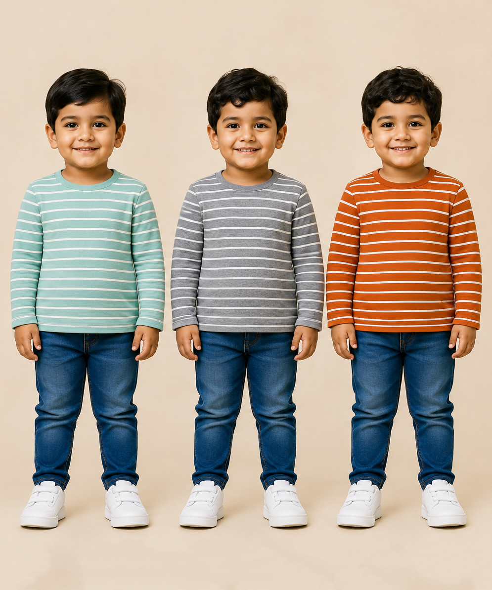Kids Boys Cotton Stripes Full Sleeve T-shirt | Age 0-3 Years (Pack of 3)
