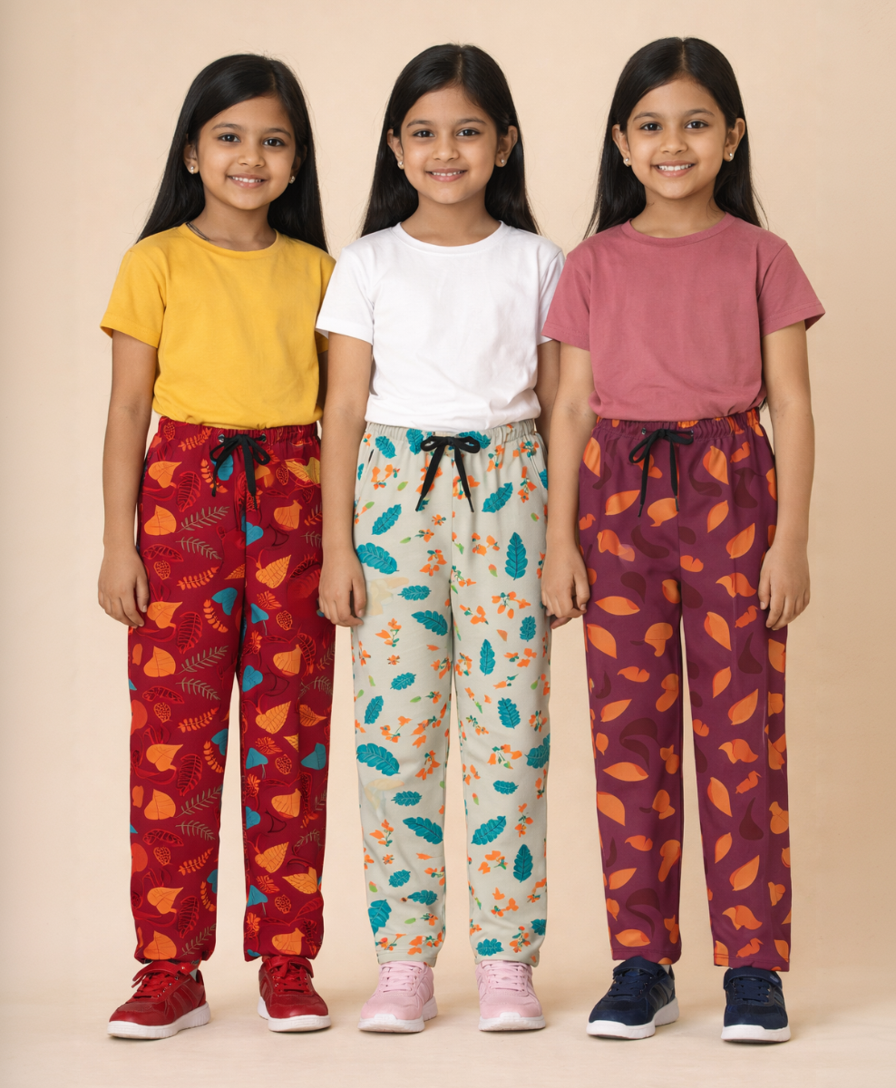 Girls Cotton Printed Track Pants (Pack of 3) | Nightwear & Casual | 6–9 Years