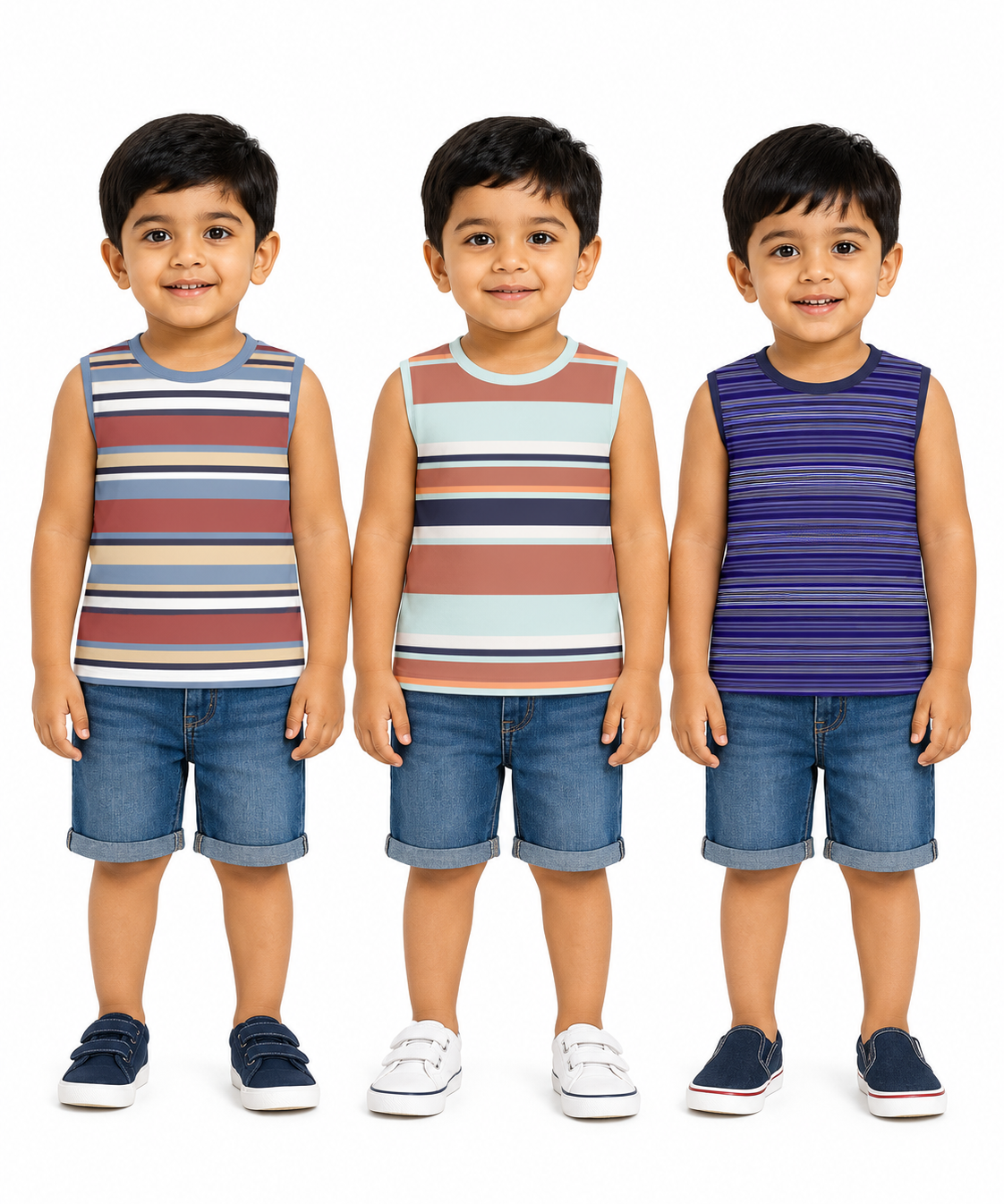 Cotton Stripes Kids Sleeveless Tshirt (Pack of 3)