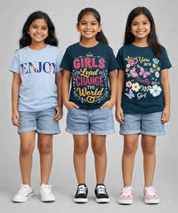 Girls Printed Casual Round Neck T-shirt (Pack of 3 Pieces)
