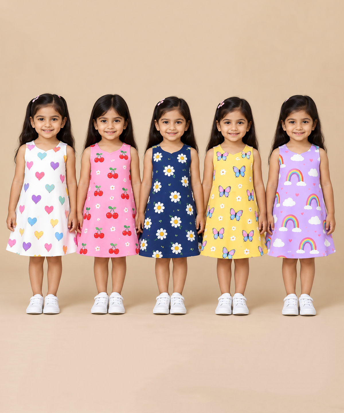 Girls 100% Cotton All Over Printed 2 To 5 Years Gown Dress/Frock Dress (Pack of 5)