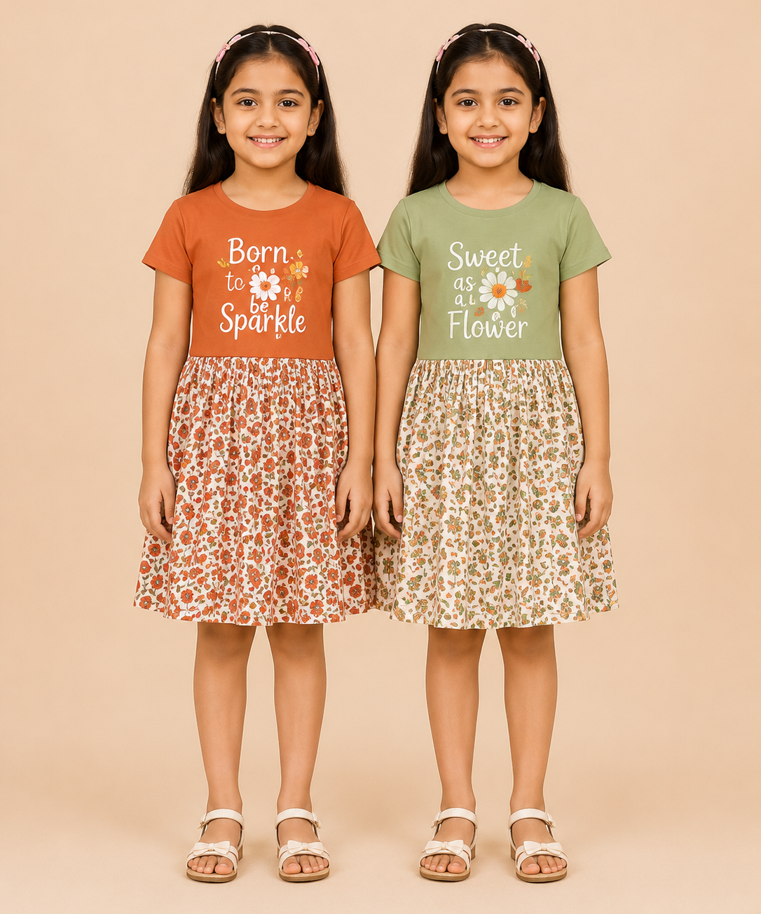 Girls Printed Half Sleeve Cotton Contrast Frock Dress | Floral Knee Length Casual Wear for Kids | Age - 5 to 10 Years | (Pack of 2)