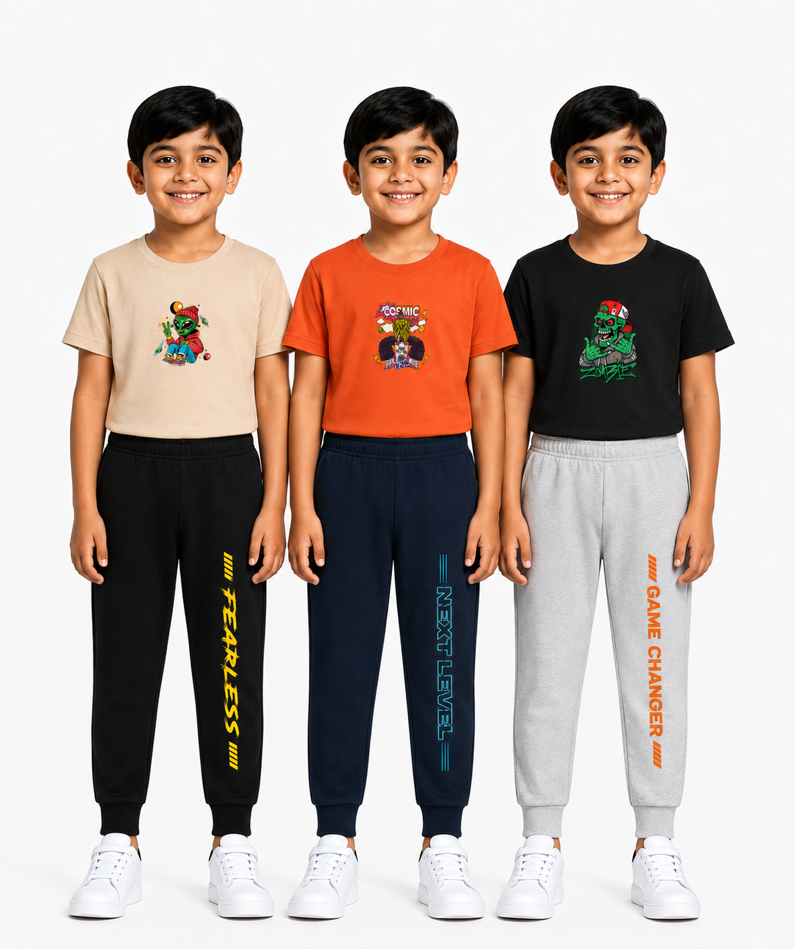 Boys Graphic Printed T-Shirt & Typography Track Pant Co-Ord Set | Age 2-5 Years | Pack Of 3 Set