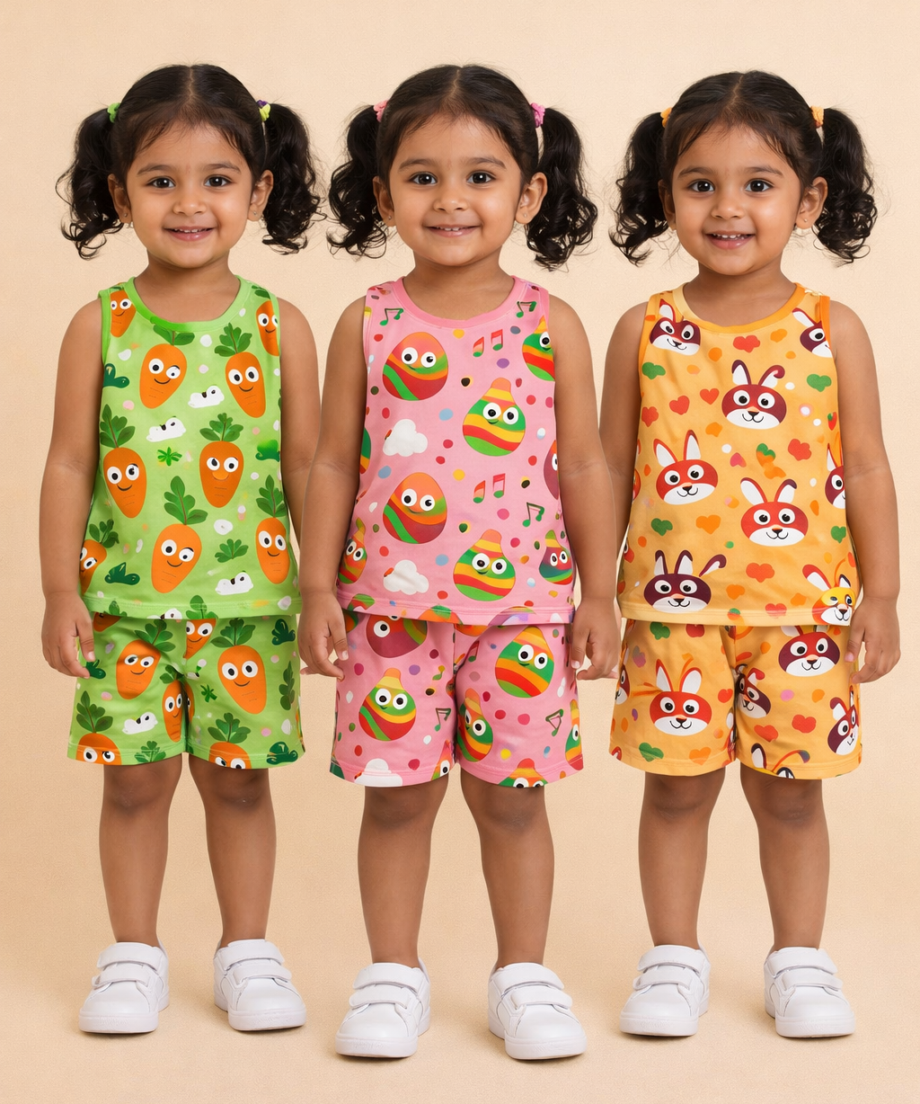 Girls Cotton Cartoon Printed Kids Sleeveless Set Combo | Age 0 to 3 Years | Sleeveless T-shirt & Shorts Co-ord Set (Pack of 3 Sets)
