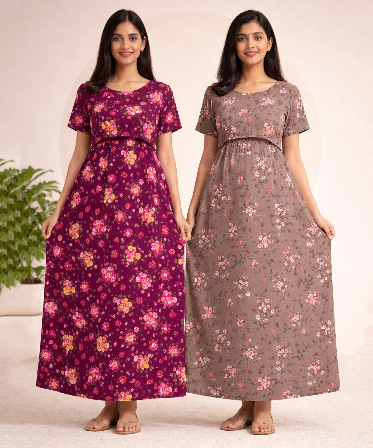 Maternity Feeding Maxi Dress | Nursing Friendly Nighty Style (Pack of 2 Pieces)