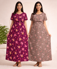 Maternity Feeding Maxi Dress | Nursing Friendly Nighty Style (Pack of 2 Pieces)