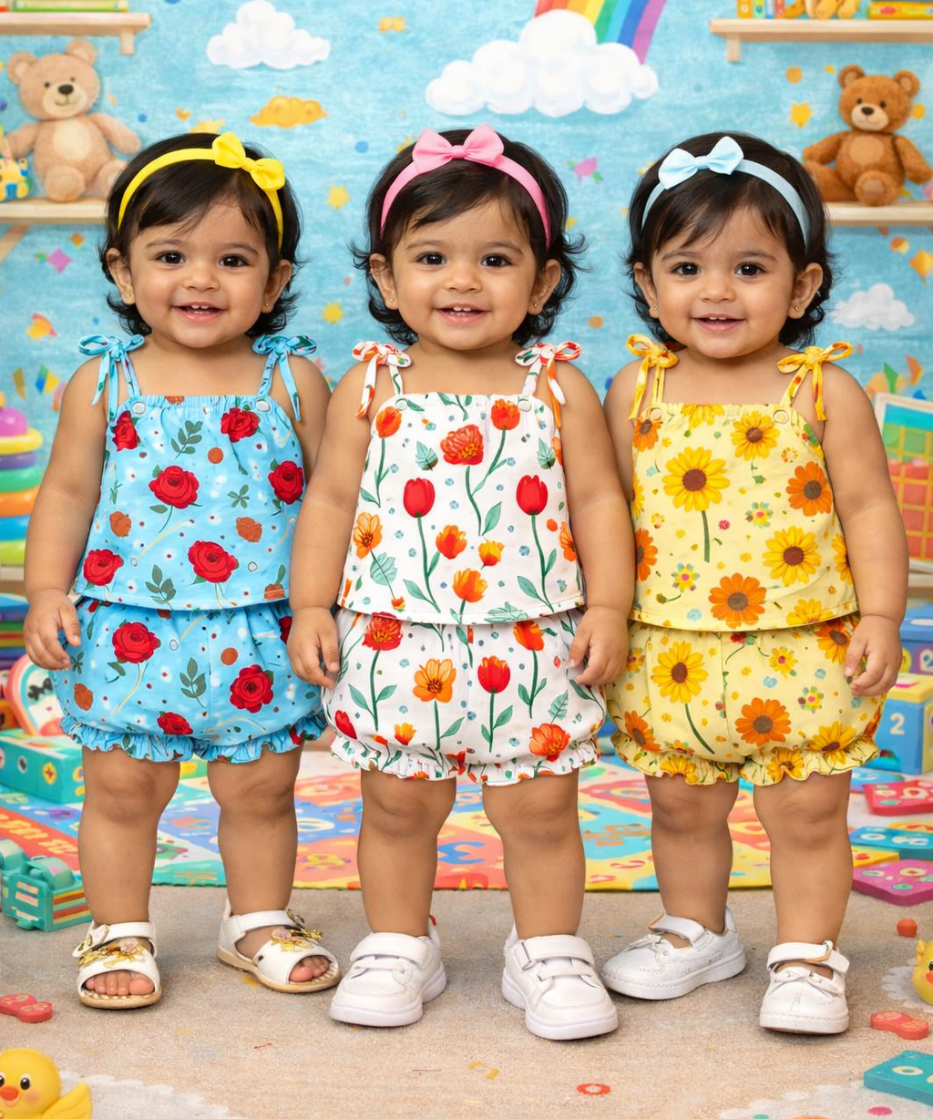 Boy & Girl Baby Printed Top Knot Dress | Top and Shorts Set | 100% Pure Cotton (Pack of 3 Sets Combo)