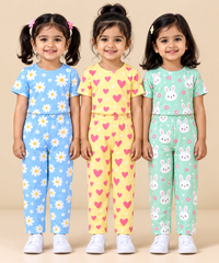 Girl Kids All Over Printed Tshirt and pant Co-ord Set | Age 6 Months to 4 Years (Pack of 3 Sets)