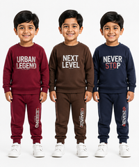 Boys Full Sleeve Cotton Winter Co-Ord Set | Typography Chest Printed Sweatshirt & Jogger Track Pant | Age 1 to 4 Years (Pack of 3 Sets)