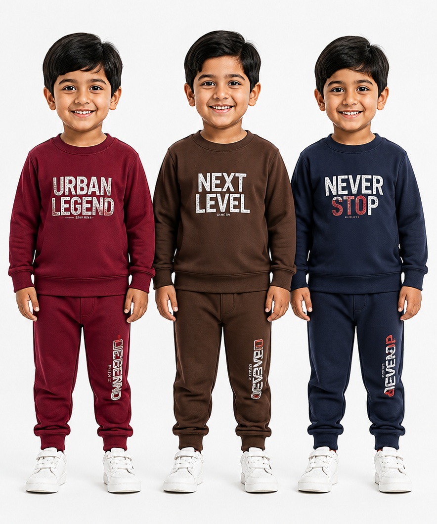 Boys Full Sleeve Cotton Winter Co-Ord Set | Typography Chest Printed Sweatshirt & Jogger Track Pant | Age 1 to 4 Years (Pack of 3 Sets)
