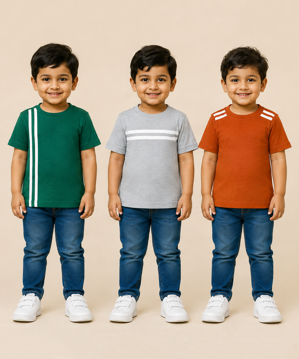 Kids Boys Popcorn Stripes Half Sleeve T-Shirt | Age 3 to 6 Years (Pack of 3 Pieces)