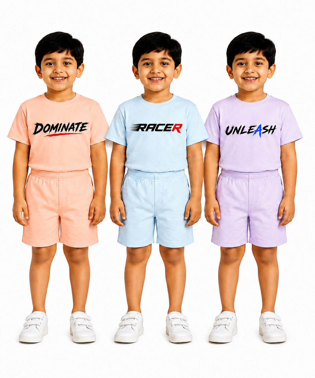 Kids Typography Print T-Shirt & Shorts Co-Ord Set for Boys | Age 6 Months-3 Years | Pack Of 3 Set Combo