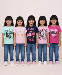 Cotton Half Sleeve Girls T-shirt Front Printed Multi Color | Age 2 to 7 Years (Pack of 5 Pieces)