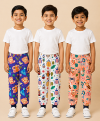 Kids Printed Cotton Track Pants for Boys | Soft Elastic Waist Full Length Joggers | Age 6 Months-5 Years | Pack of 3 Pieces
