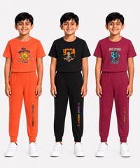 Boys Graphic Printed T-Shirt & Typography Track Pant Co-Ord Set | Age 2-5 Years | Pack Of 3 Set