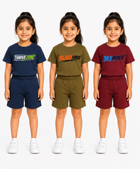 Kids Typography Print T-Shirt & Shorts Co-Ord Set for Girls | Age 6 Months-3 Years | Pack Of 3 Set Combo