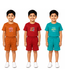 Kids Cartoon Print T-Shirt & Shorts Co-Ord Set for Boys | Age 6 Months-3 Years | Pack Of 3 Set Combo