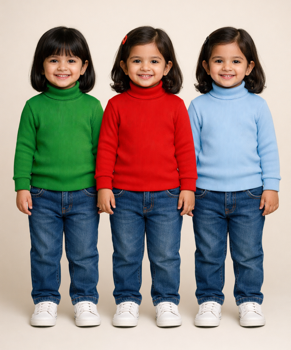 Kids Girls Full Sleeve Hi-Neck Plain Rib T-shirt | Age 0 to 5 Years | Pack of 3 Pieces