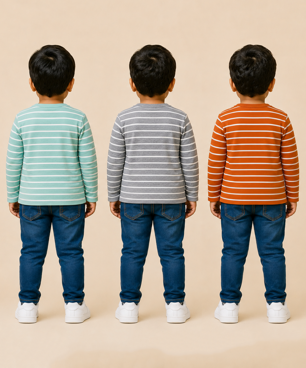 Kids Boys Cotton Stripes Full Sleeve T-shirt | Age 0-3 Years (Pack of 3)