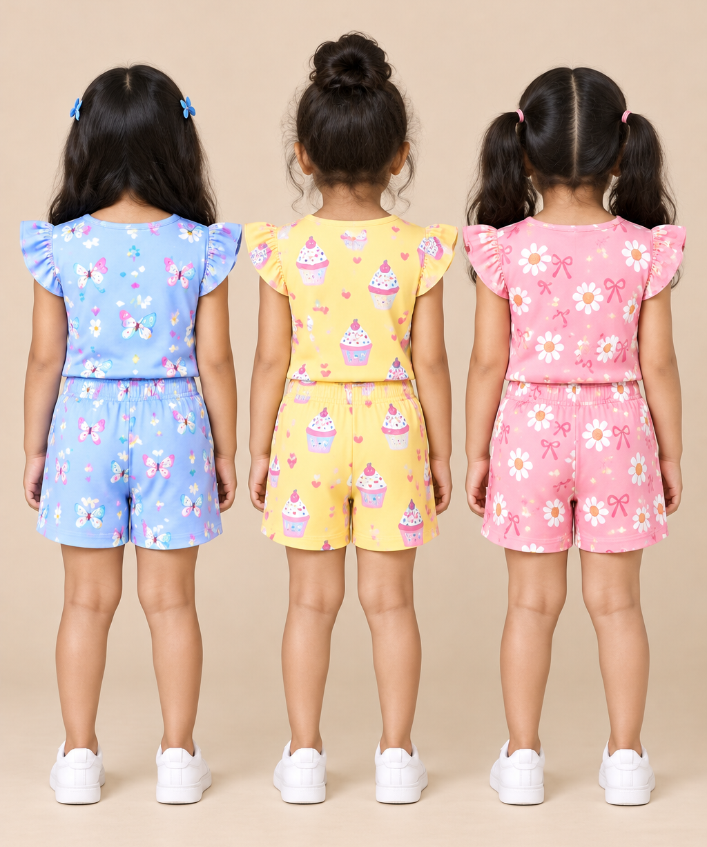 Girls All Over Printed | Flutter Sleeve Tshirt and Shorts Co-ord Set | Age 0 to 3 Years (Pack of 3 Sets)