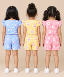 Girls All Over Printed | Flutter Sleeve Tshirt and Shorts Co-ord Set | Age 0 to 3 Years (Pack of 3 Sets)