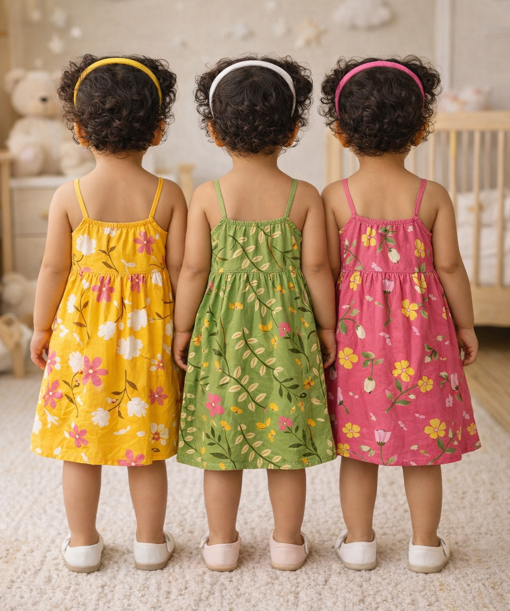 Girl Baby Sleeveless Cotton Frock Printed with Underwear | Age 0 to 6 Months (Pack of 3 Pieces)