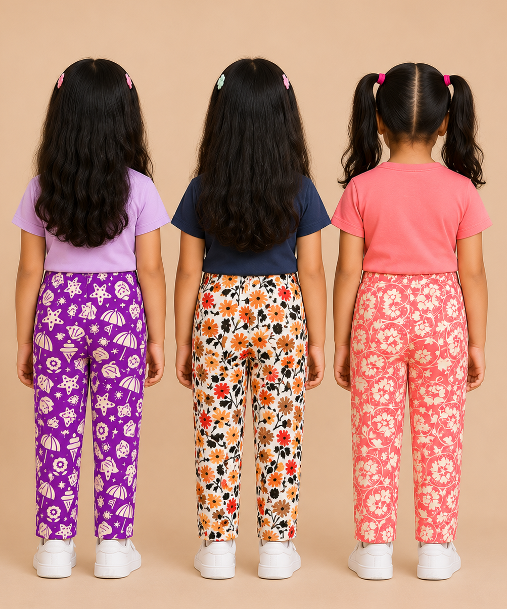 Pure Cotton Girls Printed Track Pant for Casual Night wear for Kids | Age 0 To 8 Years (Pack of 3)