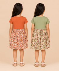 Girls Printed Half Sleeve Cotton Contrast Frock Dress | Floral Knee Length Casual Wear for Kids | Age - 5 to 10 Years | (Pack of 2)