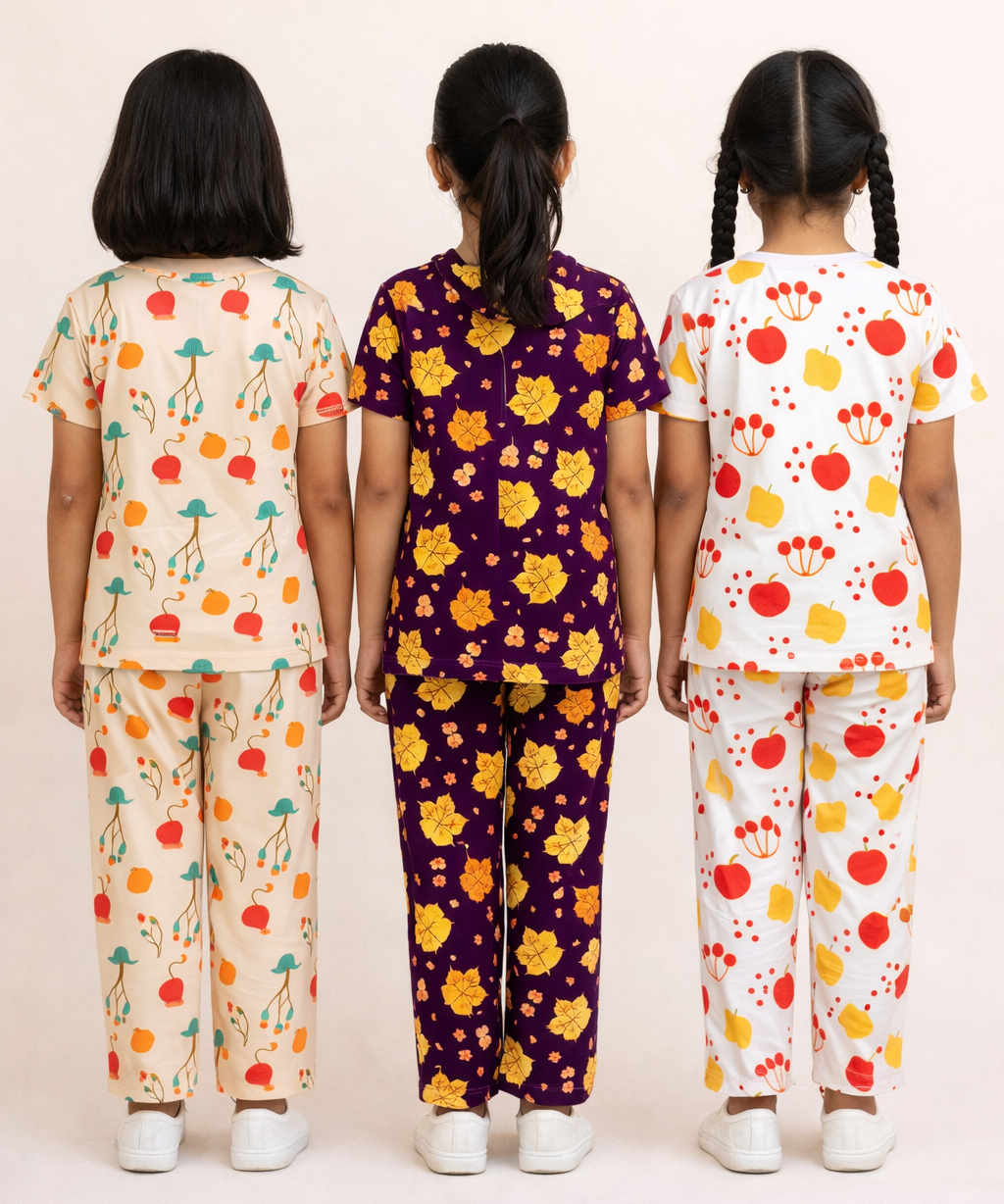 Girl Kids All Over Printed Co-ord Set | Tshirt and Pant | Age 2 to 10 Years (Pack of 3 Sets)
