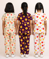 Girl Kids All Over Printed Co-ord Set | Tshirt and Pant | Age 2 to 10 Years (Pack of 3 Sets)