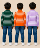 Kids Boys Full Sleeve Hi-Neck Stripes Rib T-shirt | Age 9 to 24 Months | Pack of 3 Pieces