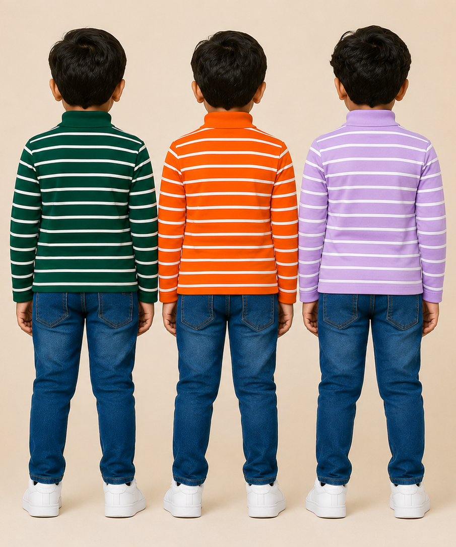 Kids Boys Full Sleeve Hi-Neck Stripes Rib T-shirt | Age 9 to 24 Months | Pack of 3 Pieces