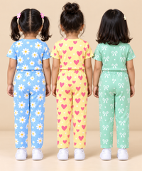 Girl Kids All Over Printed Tshirt and pant Co-ord Set | Age 6 Months to 4 Years (Pack of 3 Sets)
