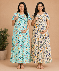 Maternity Feeding Maxi Dress | Nursing Friendly Nighty Style (Pack of 2 Pieces)