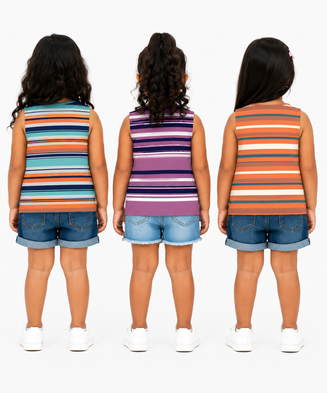 Cotton Stripes Girls Kids Sleeveless Tshirt (Pack of 3)