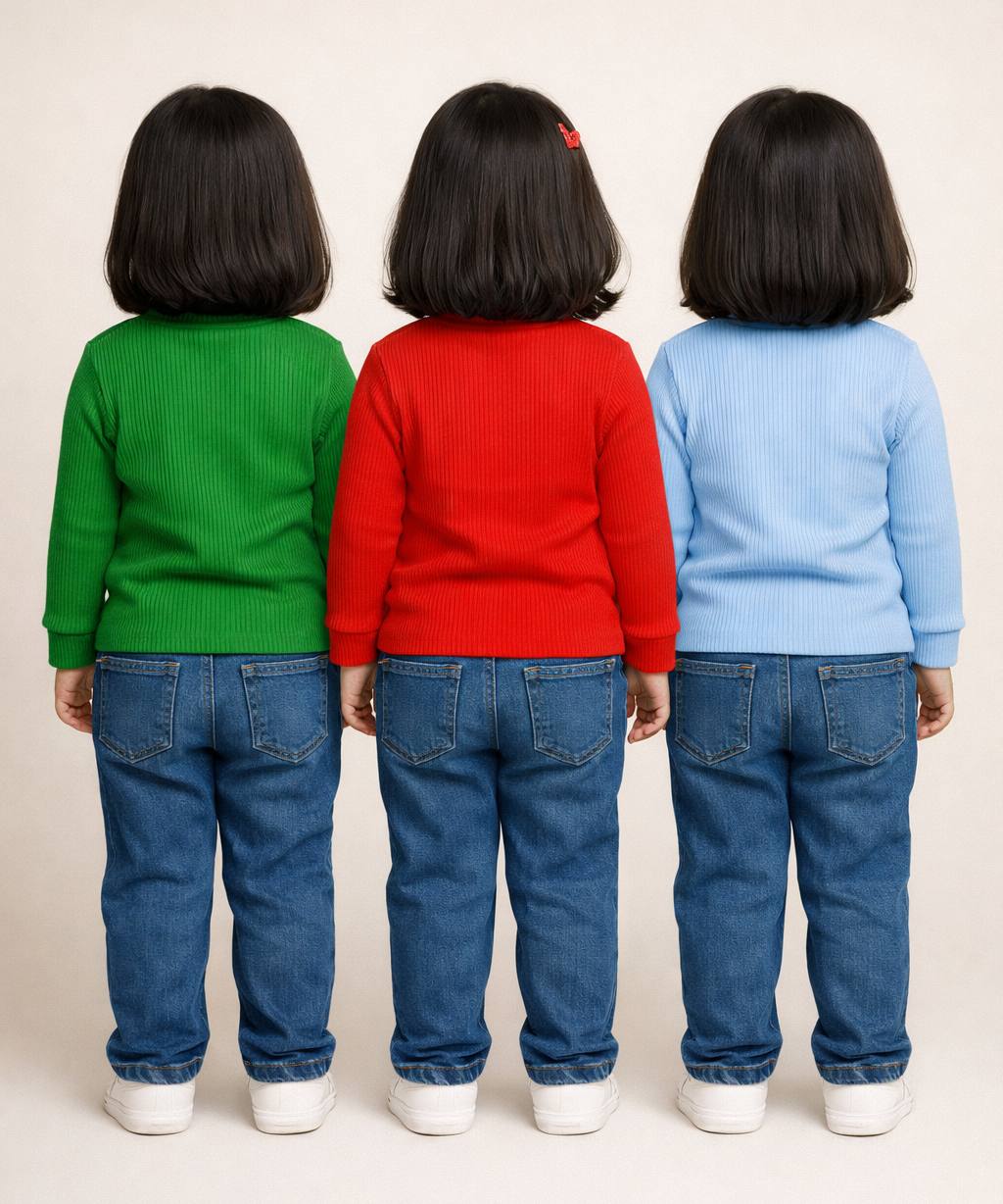 Kids Girls Full Sleeve Hi-Neck Plain Rib T-shirt | Age 0 to 5 Years | Pack of 3 Pieces