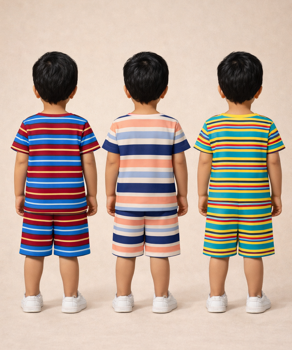 Boys Cotton Stripes Kids Co-ord Set Combo / Age 1-4 Years | T-shirt & Shorts (Combo Set Pack of 3)