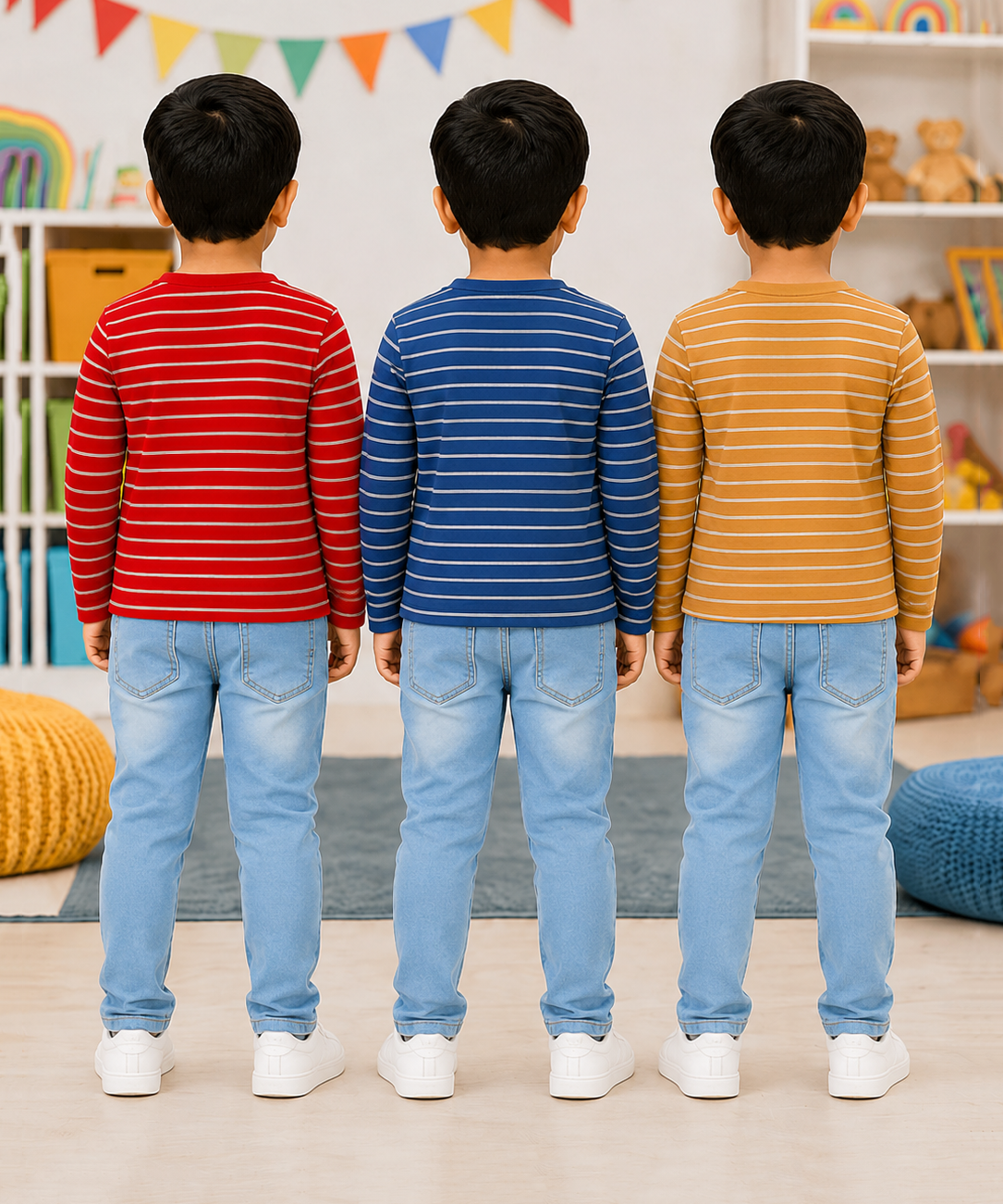 Kids Stripes Full Sleeve Cotton Tshirt | Age 0 to 3 Years (Pack of 3 Pieces)