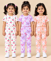 Girl Kids All Over Printed Tshirt and pant Co-ord Set | Age 6 Months to 4 Years (Pack of 3 Sets)