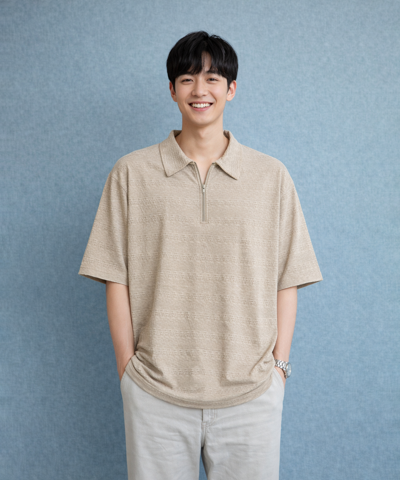 Korean Old Money Trending Oversized T-shirt /Beige Color / Solid Brand