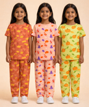 Girl Kids All Over Printed Co-ord Set | Tshirt and Pant | Age 2 to 10 Years (Pack of 3 Sets)