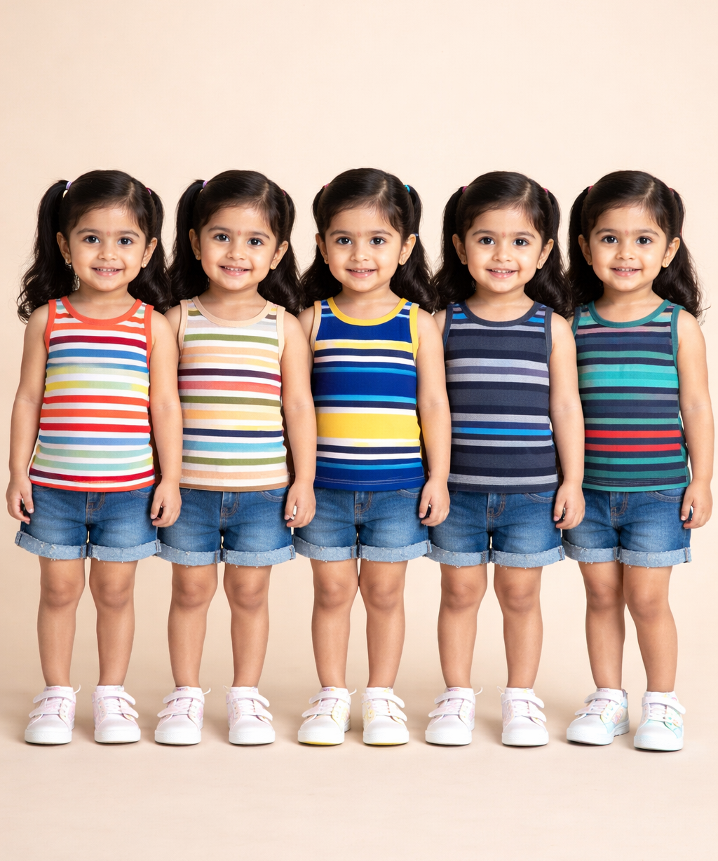 Cotton Stripes Kids Girls Sleeveless T-shirt (Pack of 5)