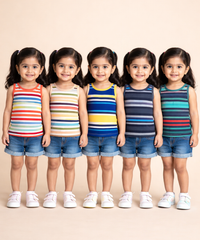 Cotton Stripes Kids Girls Sleeveless T-shirt (Pack of 5)
